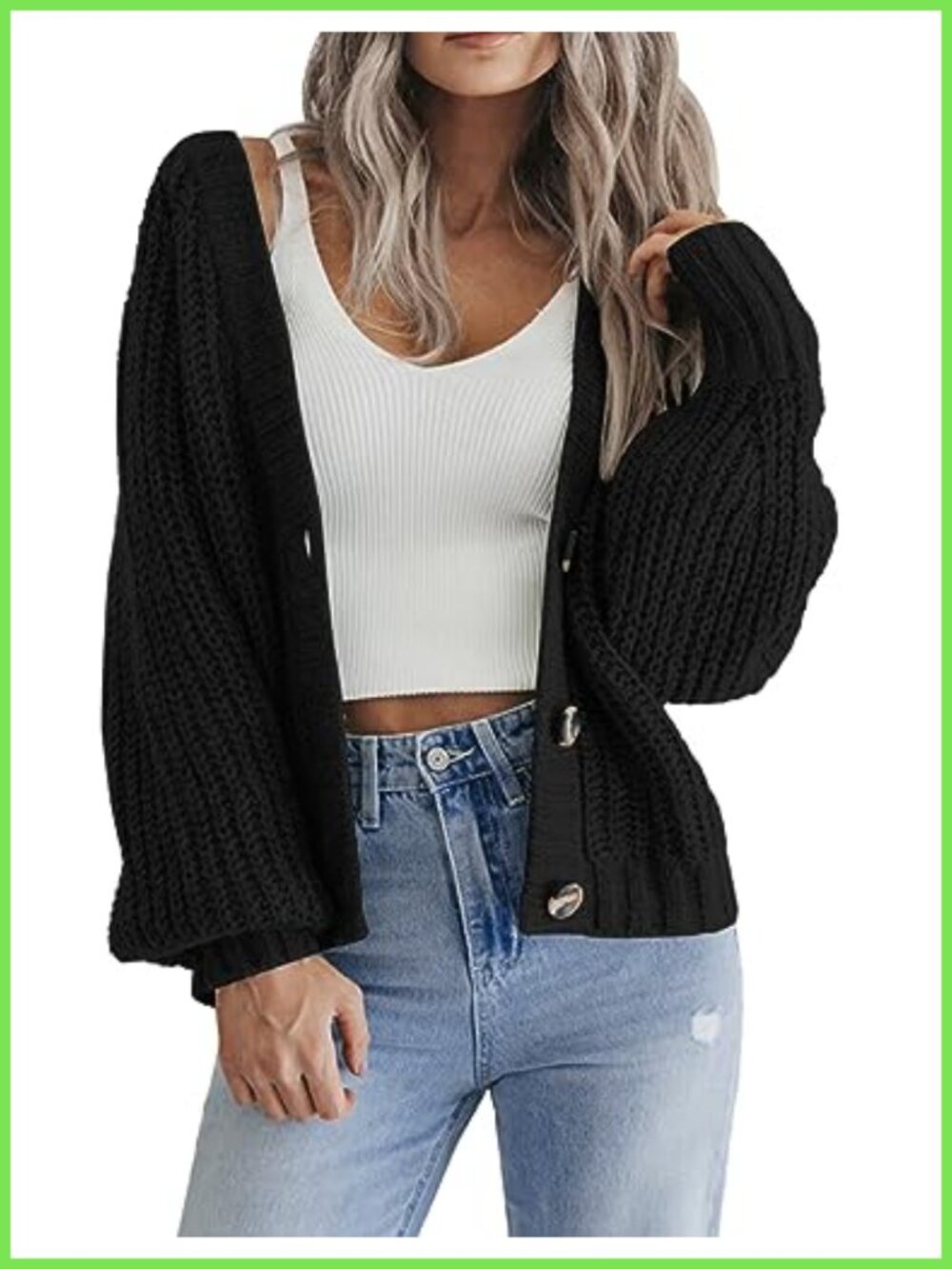 Chunky Knit Button Down Cropped Cardigan Long Sleeve V-Neck Sweater